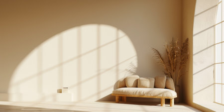 Minimalist interior composition with a sofa next to a windowの素材