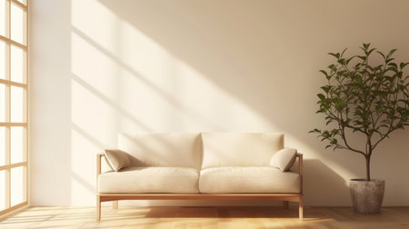 Minimalist interior composition with a sofa next to a windowの素材