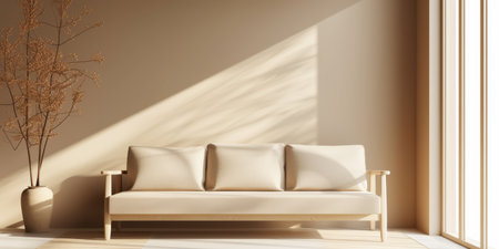 Minimalist interior composition with a sofa next to a windowの素材