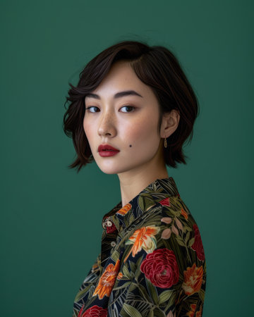 Asian woman portrait isolated on a copy space color background for textの素材