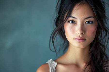 Asian woman portrait isolated on a copy space color background for textの素材