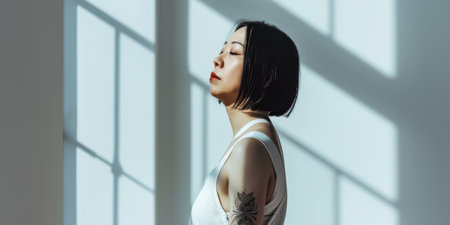 Asian woman portrait isolated on a copy space color background for textの素材