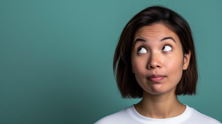 Young Asian woman wearing a white t shirt isolated from a copy space background.の素材