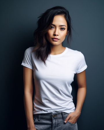 Young Asian woman wearing a white t shirt isolated from a copy space background.の素材