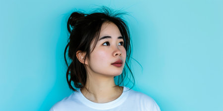 Young Asian woman wearing a white t shirt isolated from a copy space background.の素材