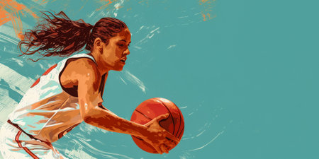 Illustration of a woman playing basketball with vibrant colors and action. Isolated on a copyspace backgroundの素材