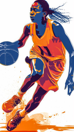 Illustration of a woman playing basketball with vibrant colors and action. Isolated on a copyspace backgroundの素材