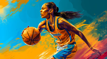 Illustration of a woman playing basketball with vibrant colors and action. Isolated on a copyspace backgroundの素材