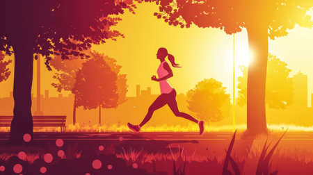 Illustration of a woman running outdoors in sports outfit. Banner image with copy space for text.の素材