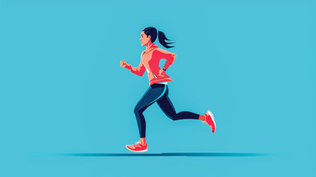 Illustration of a woman running outdoors in sports outfit. Banner image with copy space for text.の素材