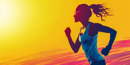Illustration of a woman running outdoors in sports outfit. Banner image with copy space for text.の素材