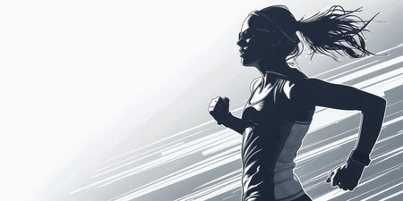 Illustration of a woman running outdoors in sports outfit. Banner image with copy space for text.の素材