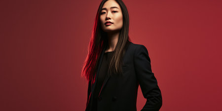 Seasoned Asian businesswoman portrait looking confident on a color copy space backgroundの素材