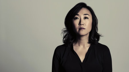 Seasoned Asian businesswoman portrait looking confident on a color copy space backgroundの素材