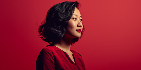 Seasoned Asian businesswoman portrait looking confident on a color copy space backgroundの素材