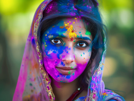 Beautiful young Indian woman with her face painted during the Holi festival in Indiaの素材