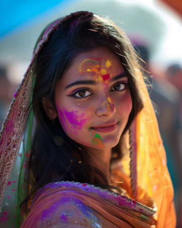 Beautiful young Indian woman with her face painted during the Holi festival in Indiaの素材