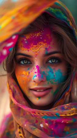 Beautiful young Indian woman with her face painted during the Holi festival in Indiaの素材
