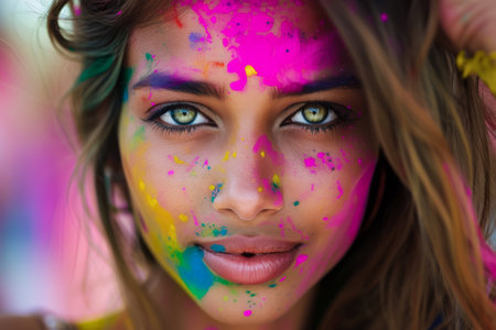 Beautiful young Indian woman with her face painted during the Holi festival in Indiaの素材