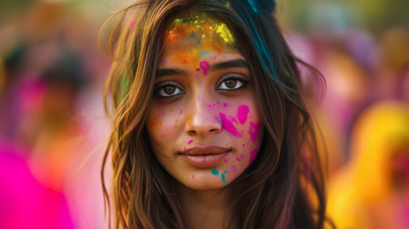Beautiful young Indian woman with her face painted during the Holi festival in Indiaの素材