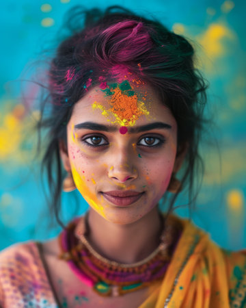 Beautiful young Indian woman with her face painted during the Holi festival in Indiaの素材