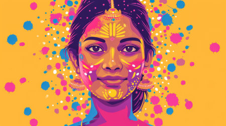 Beautiful young Indian woman illustration with her face painted during the Holi festival in Indiaの素材