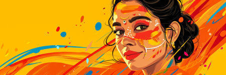 Beautiful young Indian woman illustration with her face painted during the Holi festival in Indiaの素材