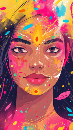 Beautiful young Indian woman illustration with her face painted during the Holi festival in Indiaの素材
