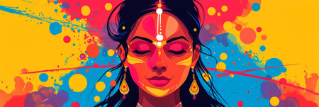 Beautiful young Indian woman illustration with her face painted during the Holi festival in Indiaの素材