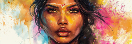 Beautiful young Indian woman illustration with her face painted during the Holi festival in Indiaの素材