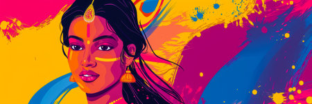 Beautiful young Indian woman illustration with her face painted during the Holi festival in Indiaの素材