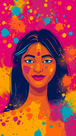Beautiful young Indian woman illustration with her face painted during the Holi festival in Indiaの素材