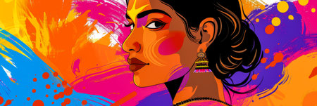 Beautiful young Indian woman illustration with her face painted during the Holi festival in Indiaの素材