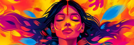 Beautiful young Indian woman illustration with her face painted during the Holi festival in Indiaの素材