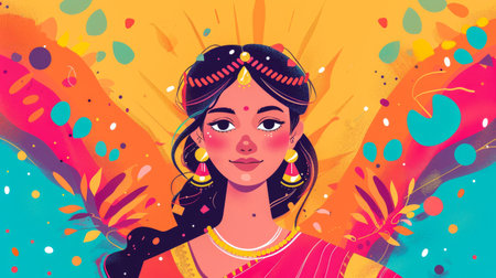 Beautiful young Indian woman illustration with her face painted during the Holi festival in Indiaの素材