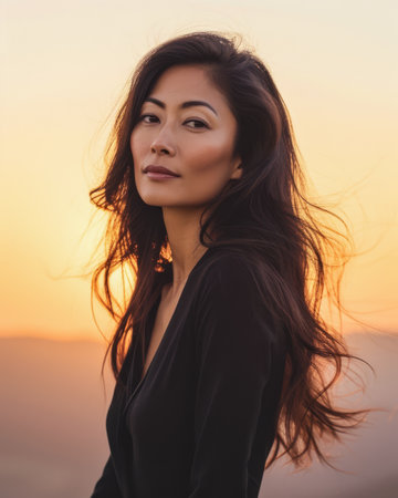 Asian businesswoman portrait looking confident on a sunset copy space backgroundの素材