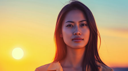 Asian businesswoman portrait looking confident on a sunset copy space backgroundの素材