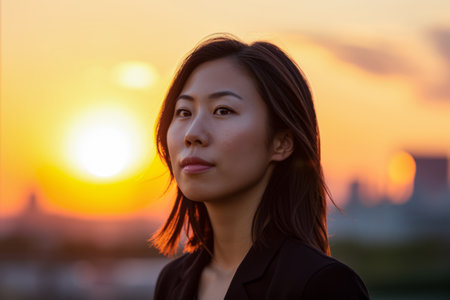 Asian businesswoman portrait looking confident on a sunset copy space backgroundの素材