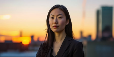 Asian businesswoman portrait looking confident on a sunset copy space backgroundの素材