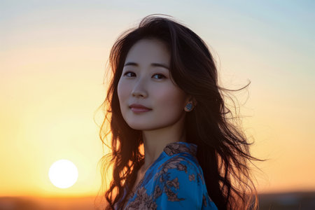 Asian businesswoman portrait looking confident on a sunset copy space backgroundの素材