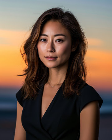 Asian businesswoman portrait looking confident on a sunset copy space backgroundの素材