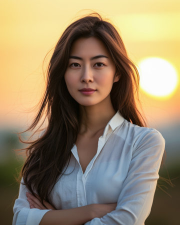 Asian businesswoman portrait looking confident on a sunset copy space backgroundの素材