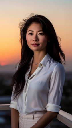 Asian businesswoman portrait looking confident on a sunset copy space backgroundの素材