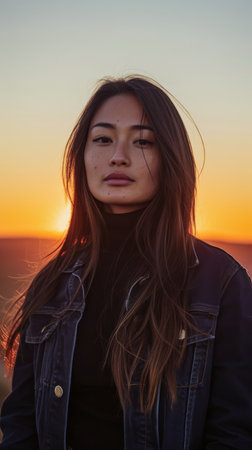 Asian businesswoman portrait looking confident on a sunset copy space backgroundの素材
