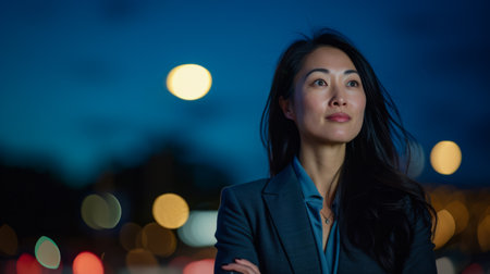 professional photo of a Asian woman for time magazine, placed on one side of the image, isolated from a night scene copy space background for text taken by peter McKinnon --ar 16:9 --style raw --v 6 Job ID: 9e32e7eb-d6ad-4f91-9722-342d9af1c886の素材
