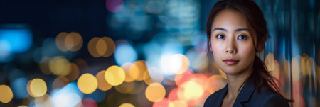 professional photo of a Asian woman for time magazine, placed on one side of the image, isolated from a night scene copy space background for text taken by peter McKinnon --ar 3:1 --style raw --v 6 Job ID: b7aa0590-105d-41e3-9cfe-da0b4e836bf1の素材