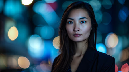 professional photo of a Asian woman for time magazine, placed on one side of the image, isolated from a night scene copy space background for text taken by peter McKinnon --ar 16:9 --style raw --v 6 Job ID: 1639efc7-00fe-4258-a5c8-1a72f10dd6edの素材