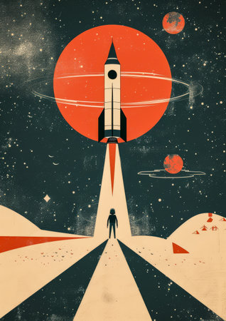 Retrofuturistic advertising poster illustration with vibrant colorsの素材