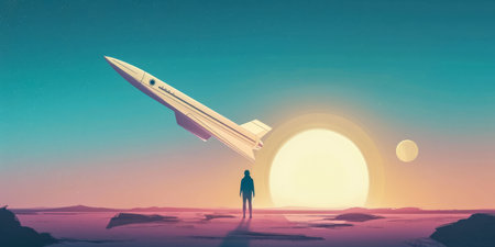 Retrofuturistic advertising poster illustration with vibrant colorsの素材