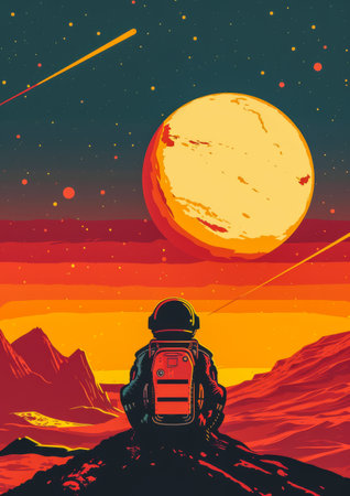 Retrofuturistic advertising poster illustration with vibrant colorsの素材